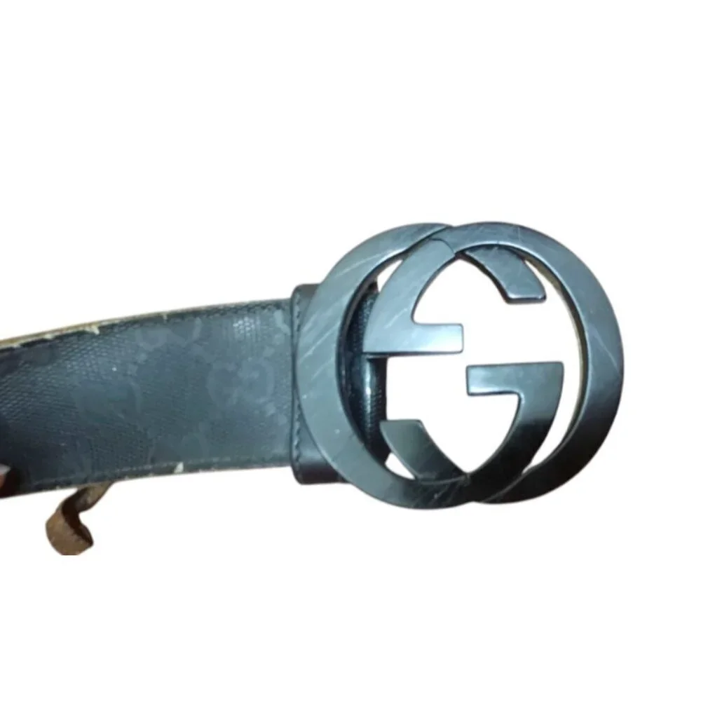 Gucci Black Shiny Imprime Belt With Black Interlinking GG Buckle